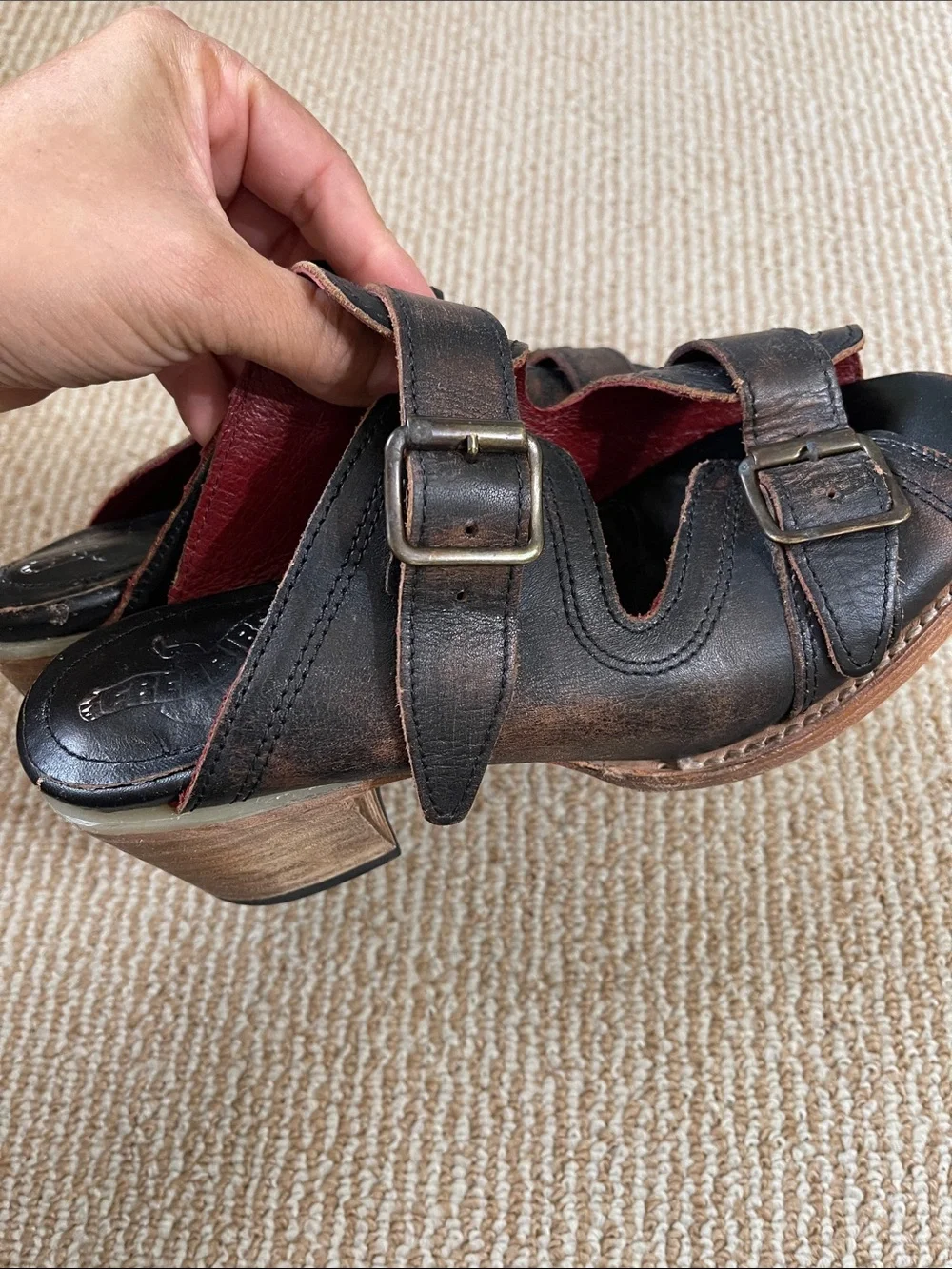 freebird  caprise Distressed Black Leather Buckle Heel Sandals